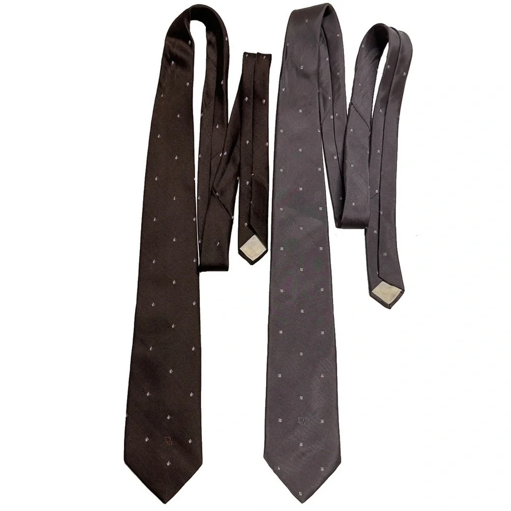 Vintage Christian Dior Necktie Mens Brown Gray Dot Lot of 2 Silk Blend Neckwear
